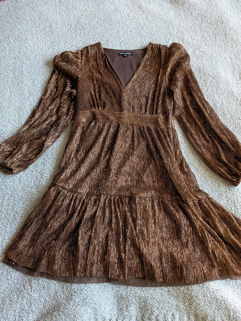 🌼B2G1🌼 Boston Proper Bronze Shimmer Long Sleeve Tiered Dress NWOT